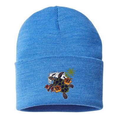 Colorful Cute Turtle Hawaiian Flowers Sea Turtle Floral Sustainable Knit Beanie