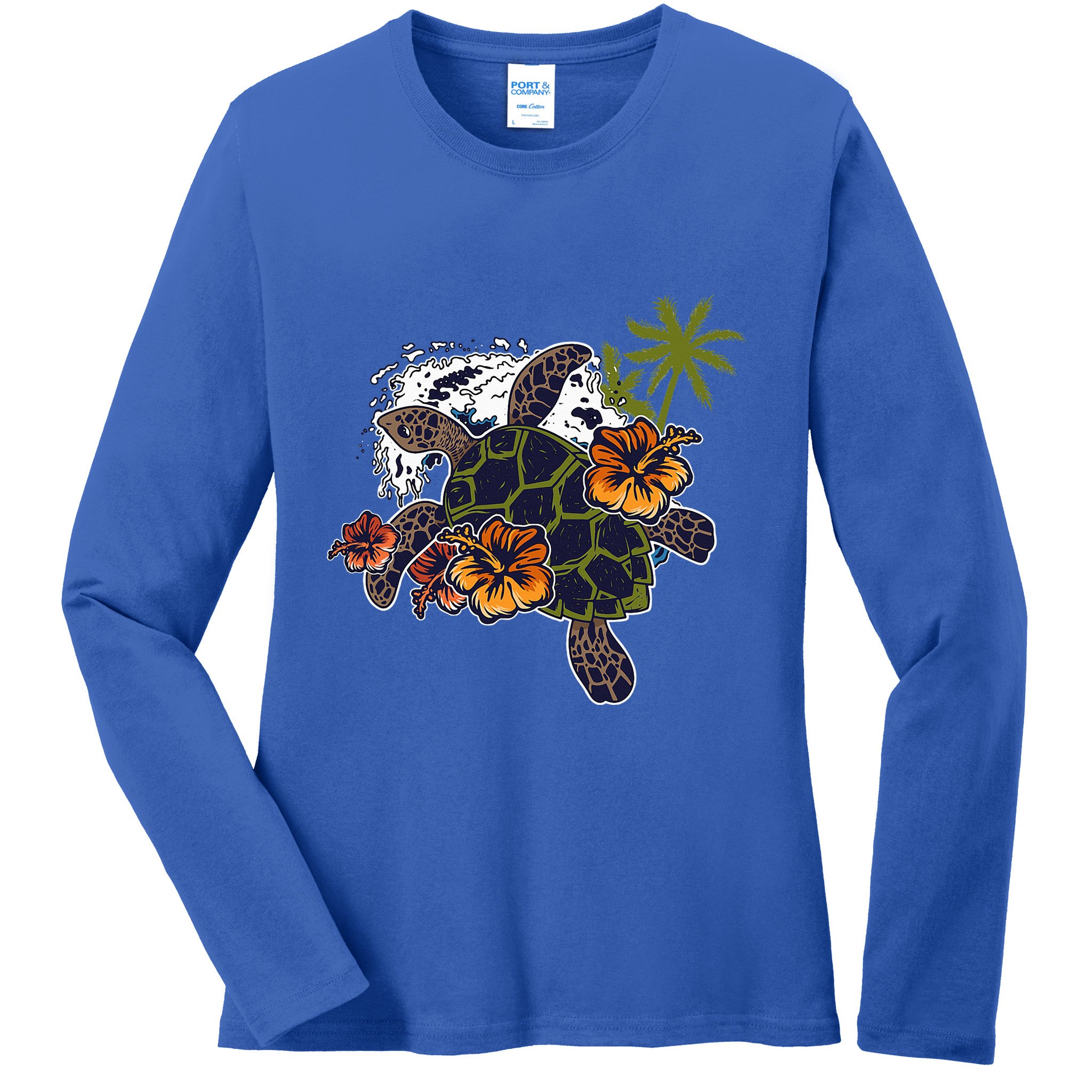 Colorful Cute Turtle Hawaiian Flowers Sea Turtle Floral Ladies Long Sleeve Shirt