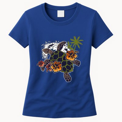 Colorful Cute Turtle Hawaiian Flowers Sea Turtle Floral Womens T-Shirt