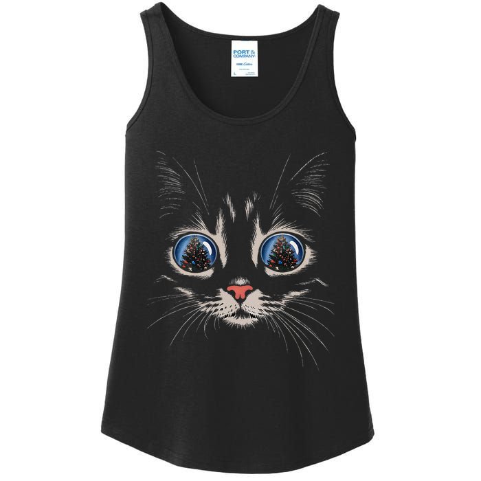 Cat Christmas Tree Reflection Ladies Essential Tank