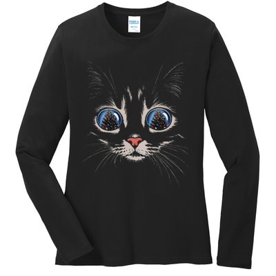 Cat Christmas Tree Reflection Ladies Long Sleeve Shirt