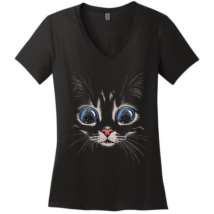 Cat Christmas Tree Reflection Women's V-Neck T-Shirt