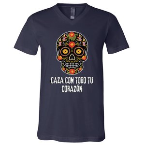 Caza Con Todu Tu Corazon Halloween Sugar Skull V-Neck T-Shirt