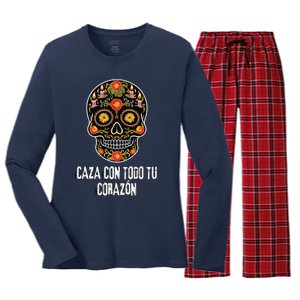 Caza Con Todu Tu Corazon Halloween Sugar Skull Women's Long Sleeve Flannel Pajama Set 