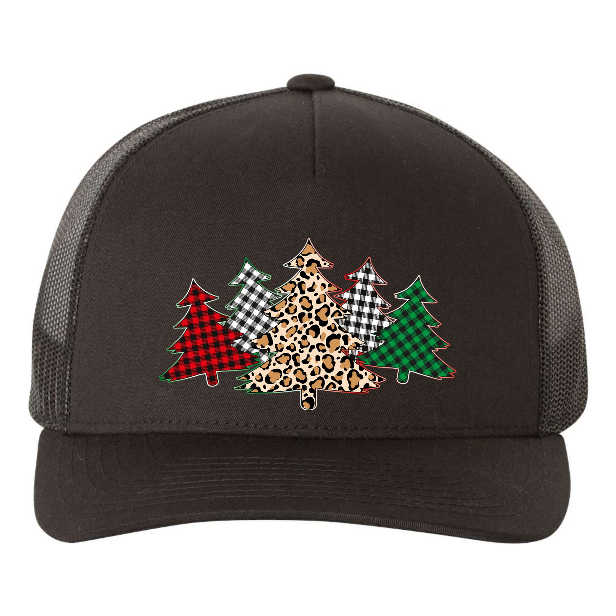 Cute Christmas Tree Plaid Leopard Patterns Yupoong Adult 5-Panel Trucker Hat