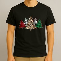 Cute Christmas Tree Plaid Leopard Patterns T-Shirt