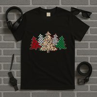 Cute Christmas Tree Plaid Leopard Patterns T-Shirt