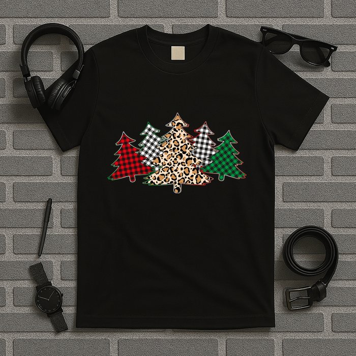 Cute Christmas Tree Plaid Leopard Patterns T-Shirt