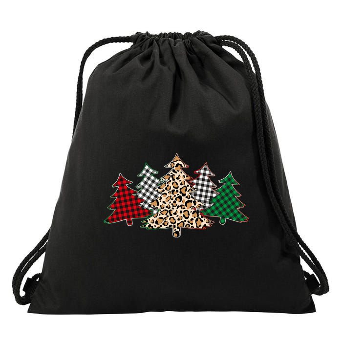 Cute Christmas Tree Plaid Leopard Patterns Drawstring Bag