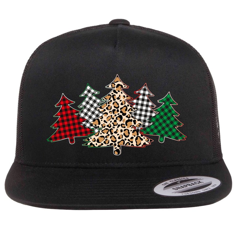 Cute Christmas Tree Plaid Leopard Patterns Flat Bill Trucker Hat