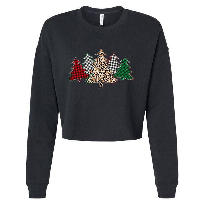 Cute Christmas Tree Plaid Leopard Patterns Cropped Pullover Crew