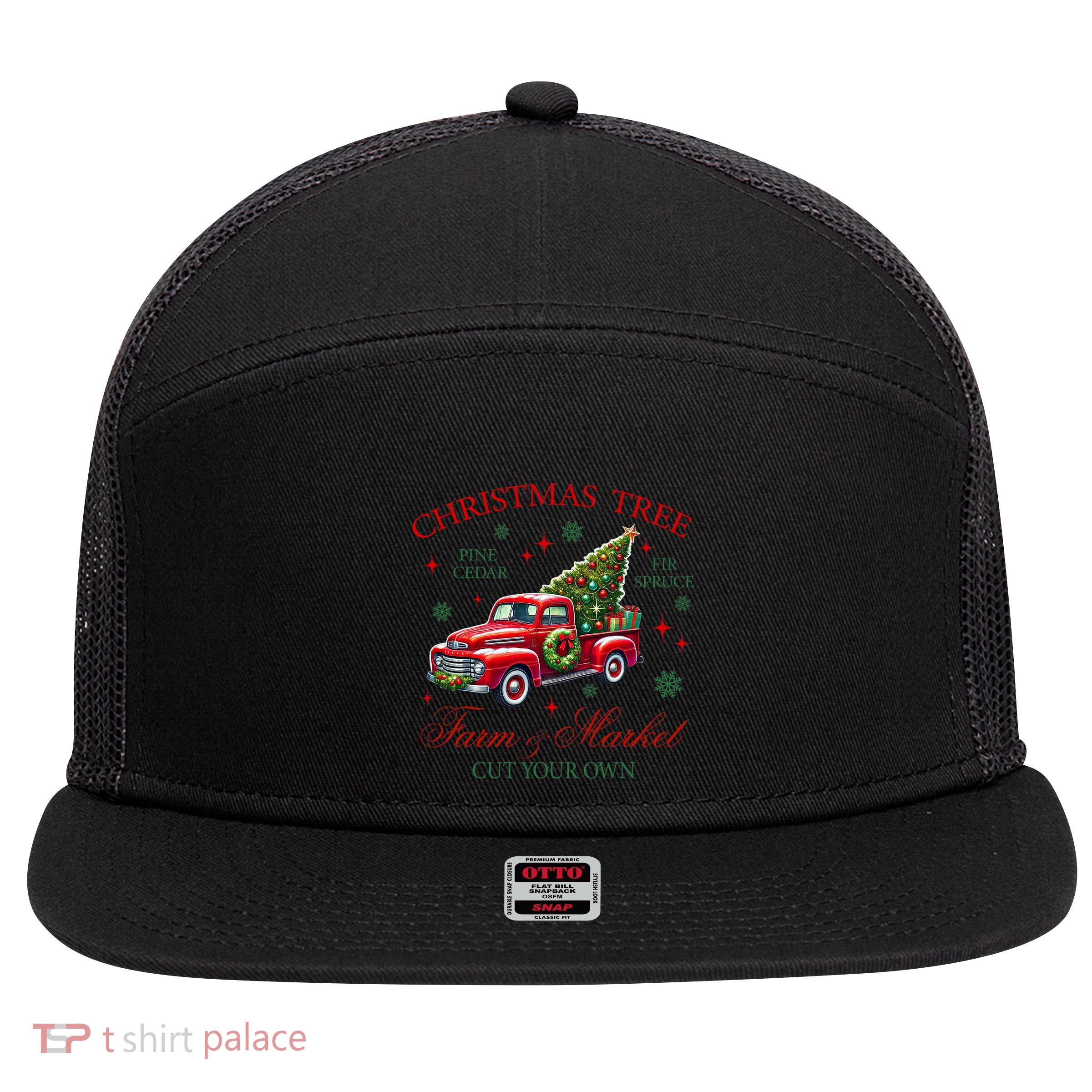 Coquette Christmas Tree Red Truck Farm & Market Xmas Pajamas 7 Panel Mesh Trucker Snapback Hat