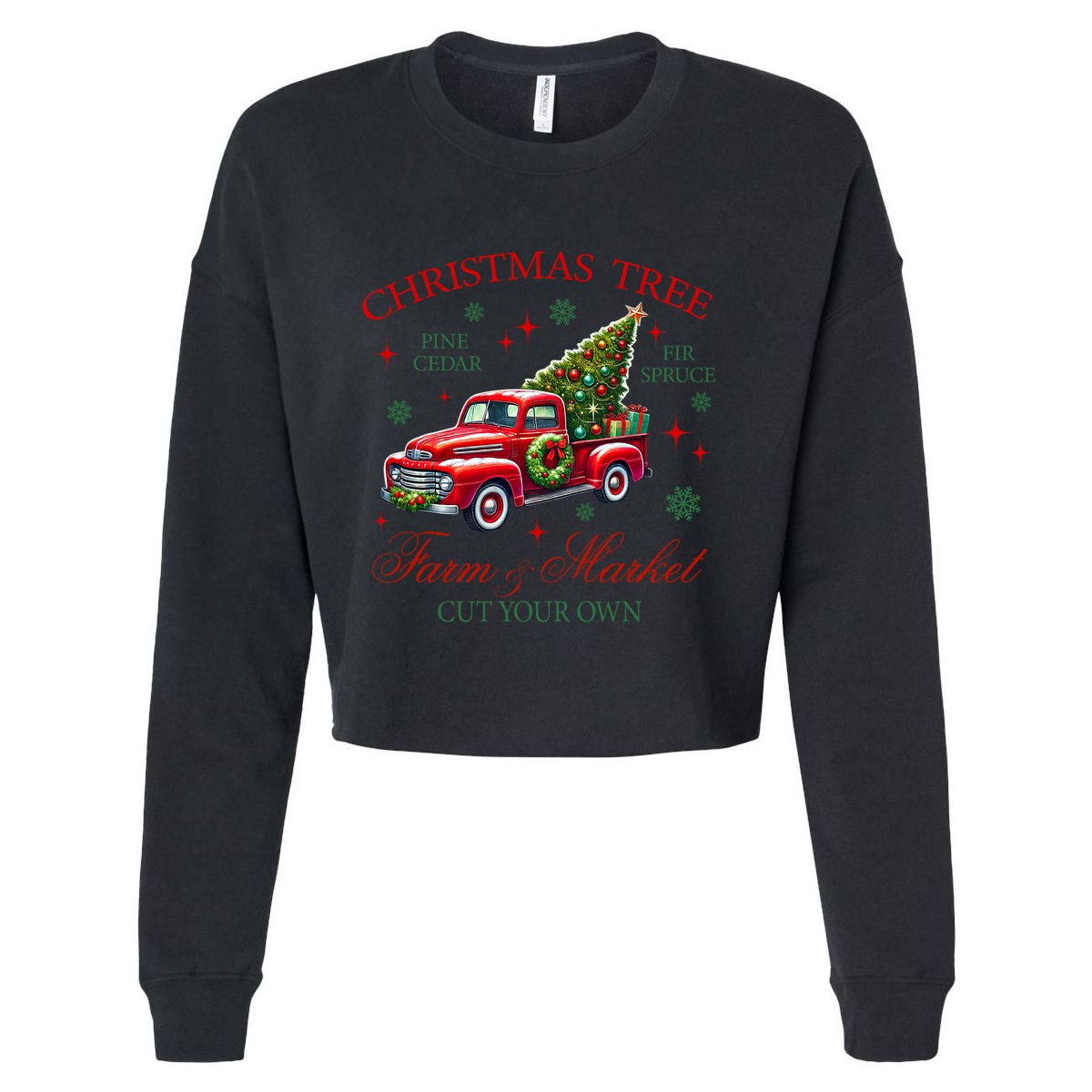 Coquette Christmas Tree Red Truck Farm & Market Xmas Pajamas Cropped Pullover Crew