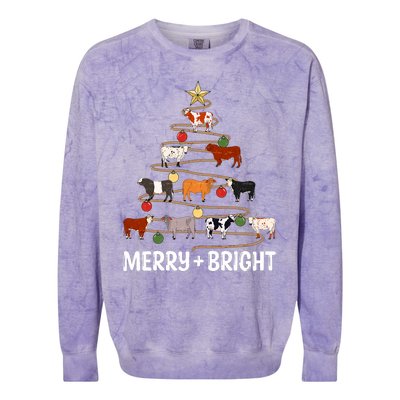 Cow Christmas Tree Western Merry And Bright Family Pajama Colorblast Crewneck Sweatshirt