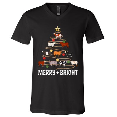 Cow Christmas Tree Western Merry And Bright Family Pajama V-Neck T-Shirt