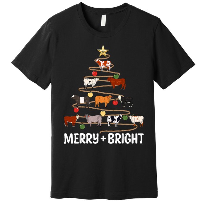 Cow Christmas Tree Western Merry And Bright Family Pajama Premium T-Shirt