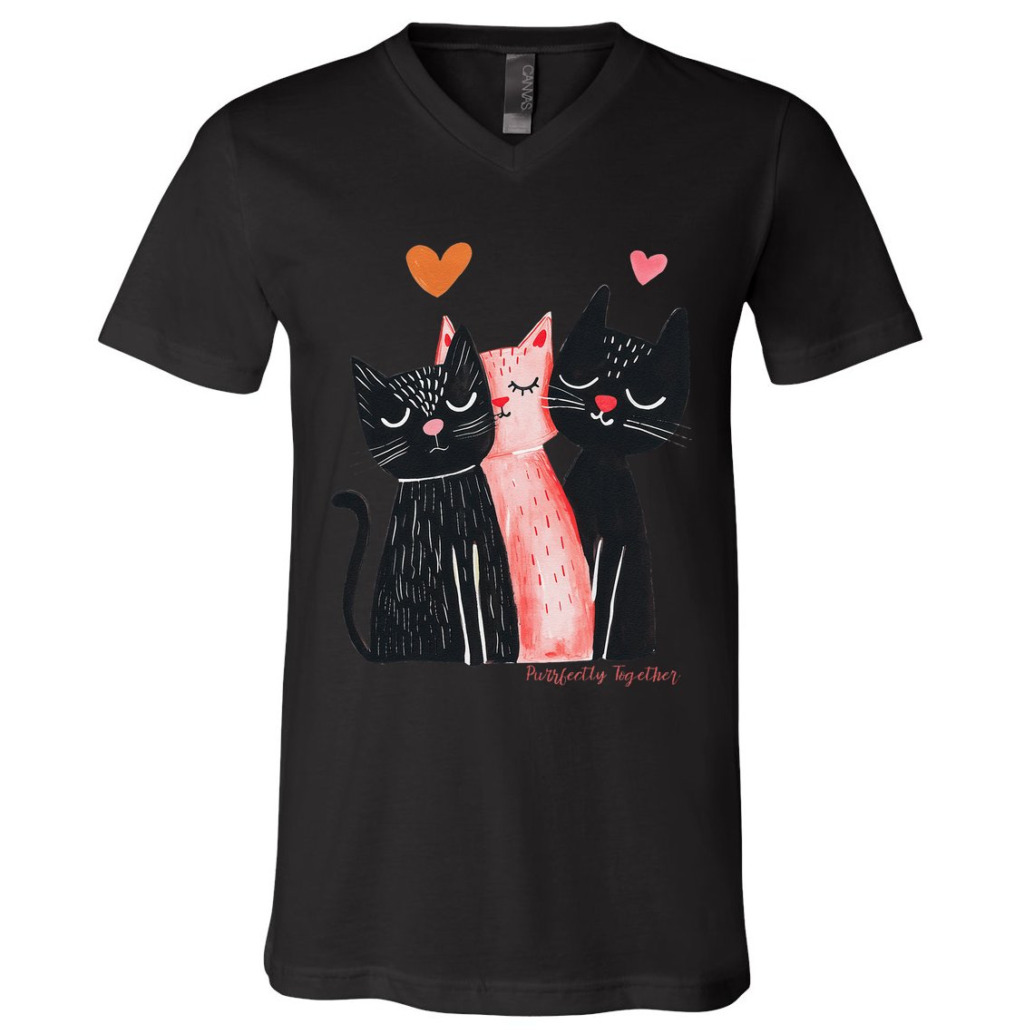 Cute Cat Trio With Hearts Art For Cat Lovers V-Neck T-Shirt