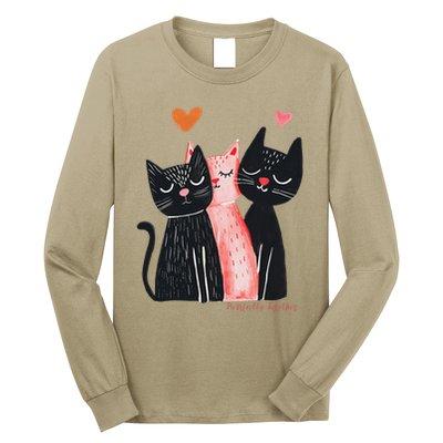 Cute Cat Trio With Hearts Art For Cat Lovers Long Sleeve Shirt