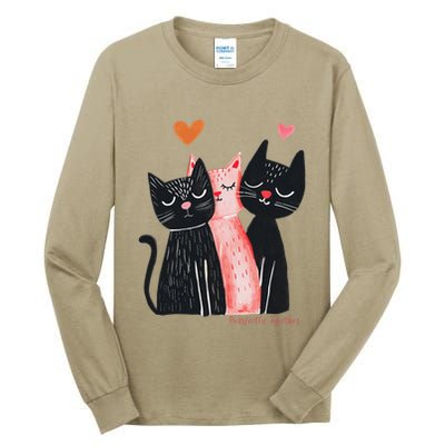 Cute Cat Trio With Hearts Art For Cat Lovers Tall Long Sleeve T-Shirt
