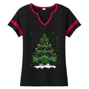 Cannabis Christmas Tree Xmas Funny Smoking Weed Marijuana Ladies Halftime Notch Neck Tee