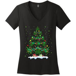 Cannabis Christmas Tree Xmas Funny Smoking Weed Marijuana Women's V-Neck T-Shirt