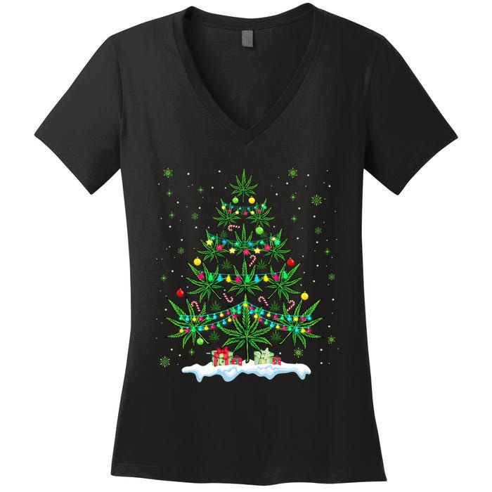 Cannabis Christmas Tree Xmas Funny Smoking Weed Marijuana Women's V-Neck T-Shirt