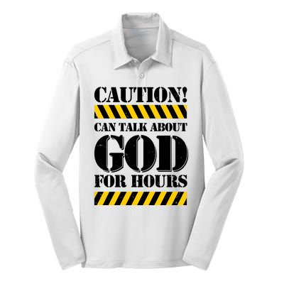 Caution! Can Talk About God For Hours Silk Touch Performance Long Sleeve Polo