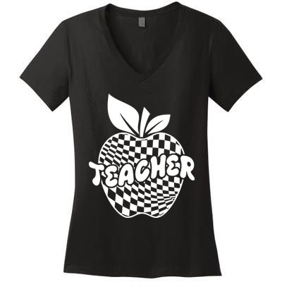 Cool Checkered Teacher Apple Women's V-Neck T-Shirt