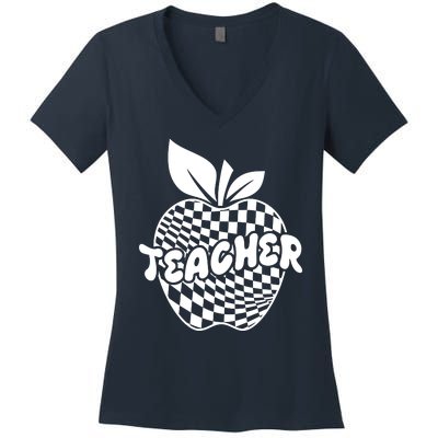 Cool Checkered Teacher Apple Women's V-Neck T-Shirt