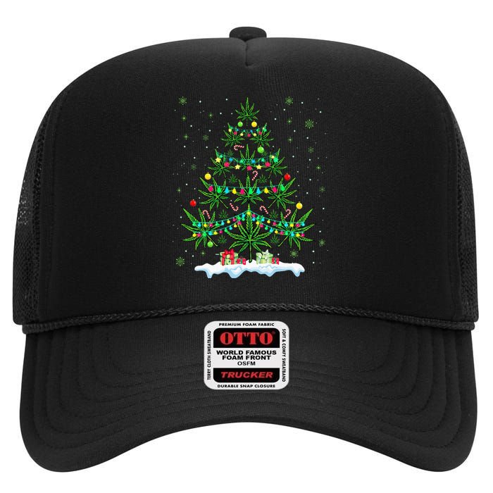 Cannabis Christmas Tree Xmas Funny Smoking Weed Marijuana High Crown Mesh Back Trucker Hat