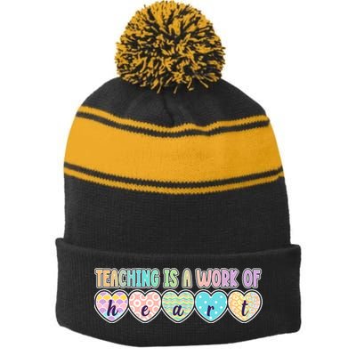 Cute Colorful Teaching Is A Work Of Heart Stripe Pom Pom Beanie