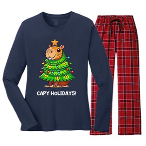 Capybara Christmas Tree Capy Holidays For Capybaras Lover Women's Long Sleeve Flannel Pajama Set 