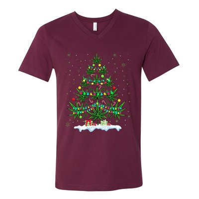 Cannabis Christmas Tree Xmas Funny Smoking Weed Marijuana V-Neck T-Shirt