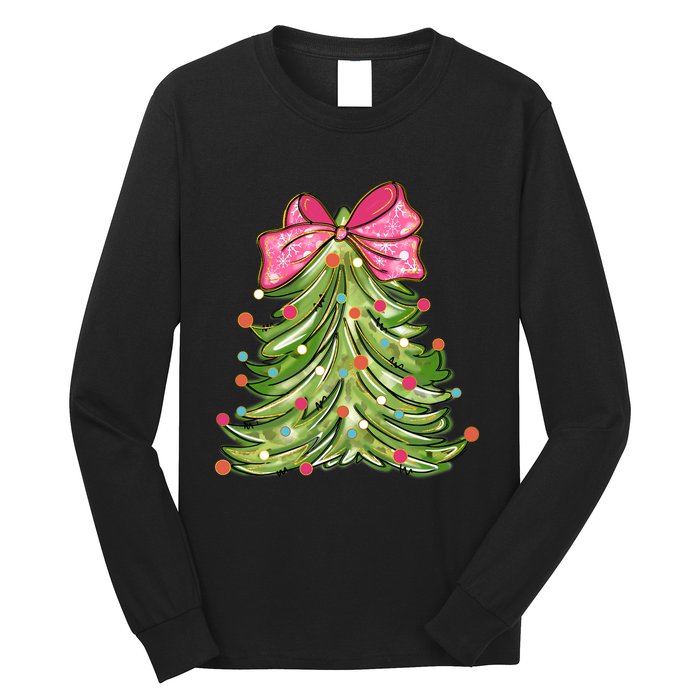 Coquette Christmas Tree Cute Happy Holidays Trendy Long Sleeve Shirt