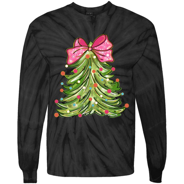 Coquette Christmas Tree Cute Happy Holidays Trendy Tie-Dye Long Sleeve Shirt