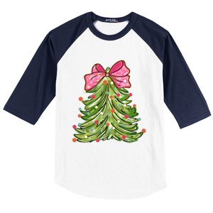 Coquette Christmas Tree Cute Happy Holidays Trendy Baseball Sleeve Shirt