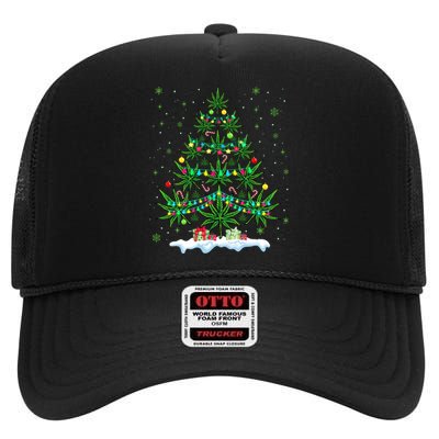 Cannabis Christmas Tree Xmas Funny Smoking Weed Marijuana High Crown Mesh Back Trucker Hat