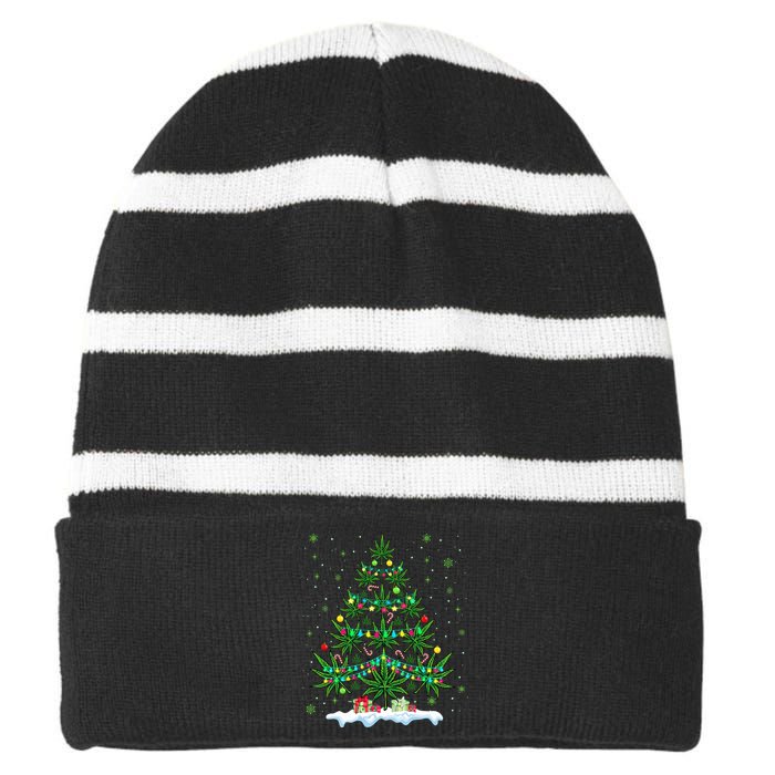 Cannabis Christmas Tree Xmas Funny Smoking Weed Marijuana Striped Beanie with Solid Band