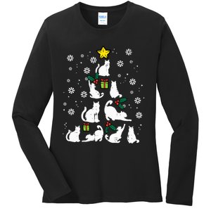 Cats Christmas Tree Cute Cat Lover Xmas Winter Ladies Long Sleeve Shirt