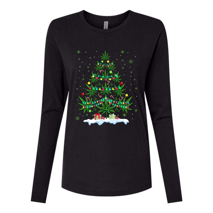 Cannabis Christmas Tree Xmas Funny Smoking Weed Marijuana Womens Cotton Relaxed Long Sleeve T-Shirt