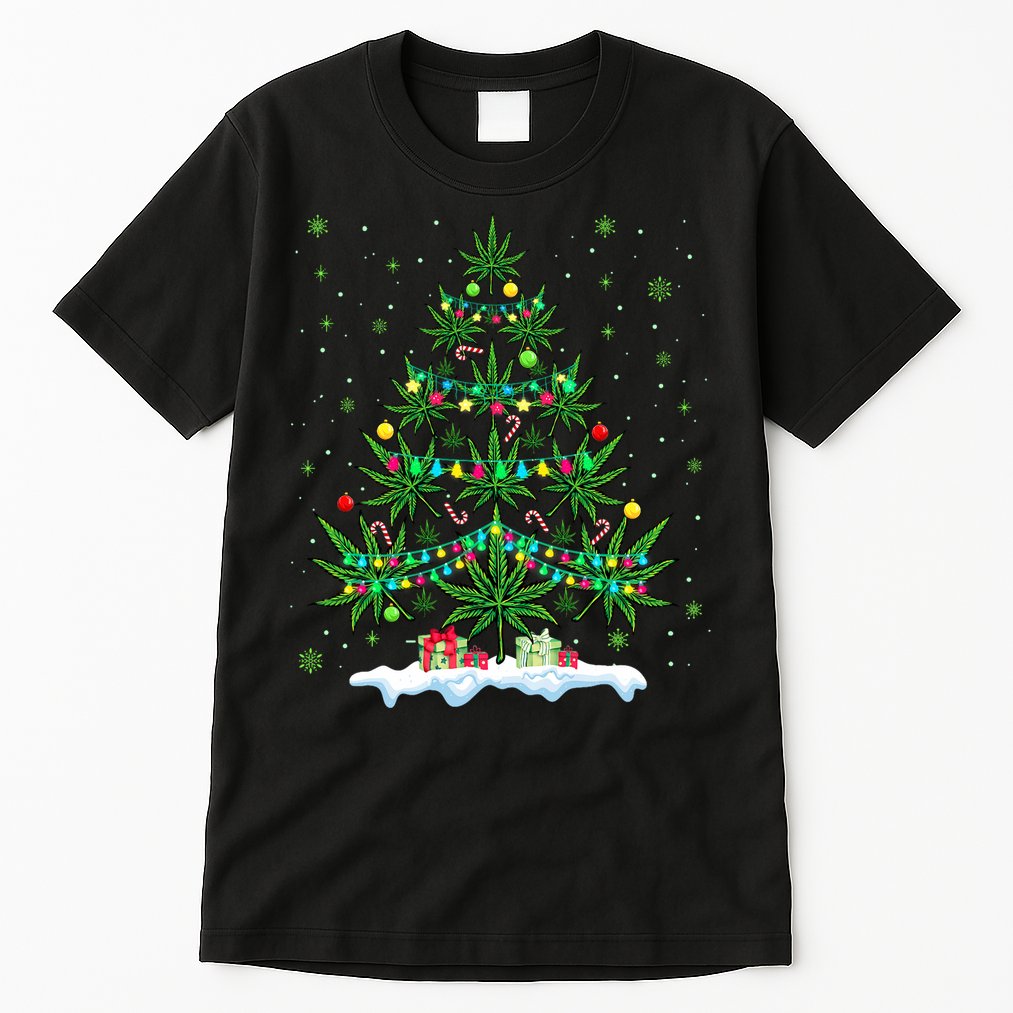 Cannabis Christmas Tree Xmas Funny Smoking Weed Marijuana Tall T-Shirt