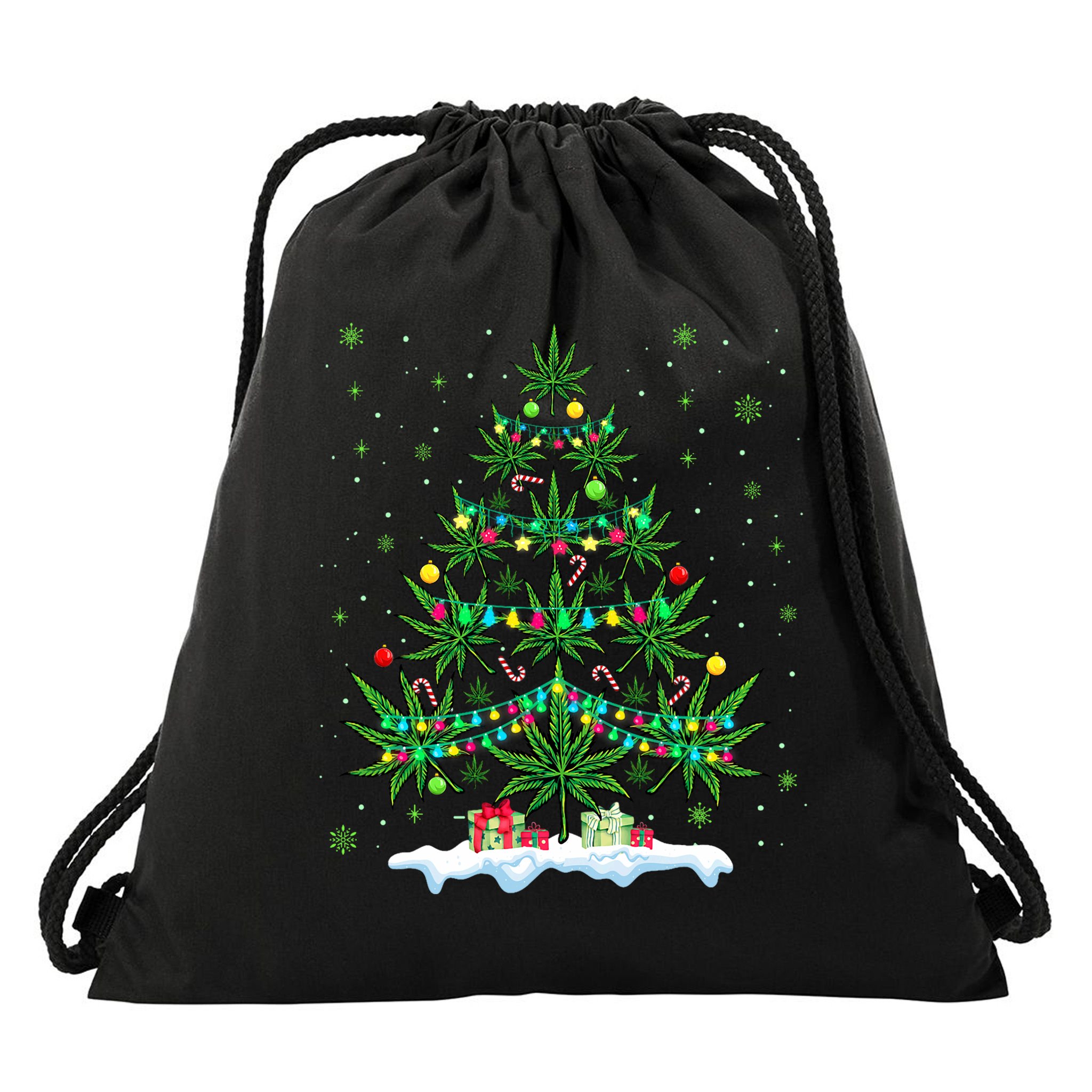 Cannabis Christmas Tree Xmas Funny Smoking Weed Marijuana Drawstring Bag