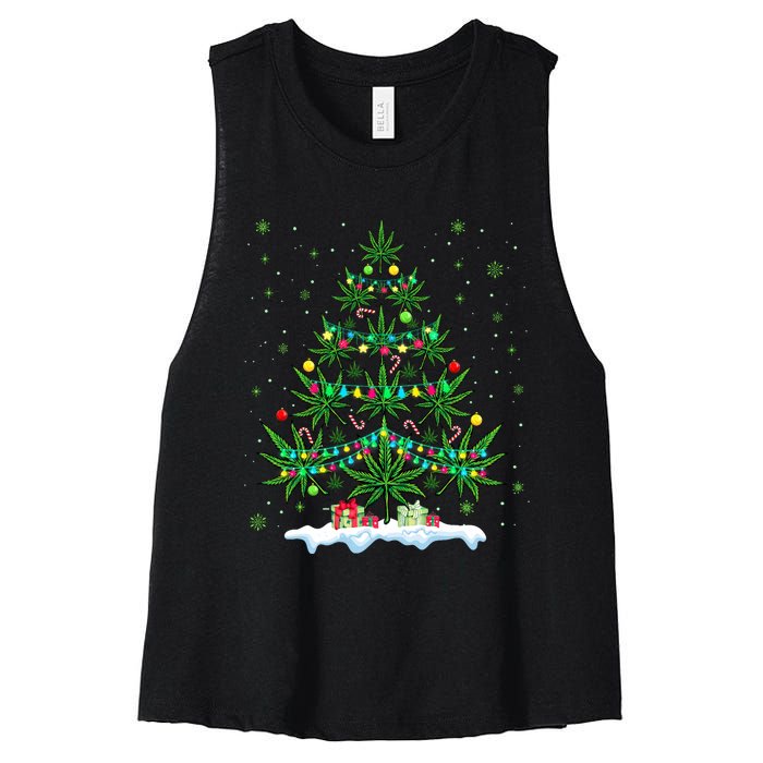 Cannabis Christmas Tree Xmas Funny Smoking Weed Marijuana Women's Racerback Cropped Tank