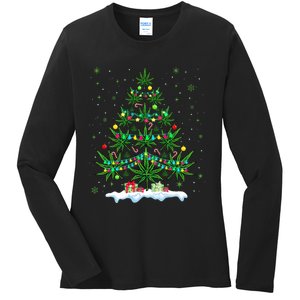 Cannabis Christmas Tree Xmas Funny Smoking Weed Marijuana Ladies Long Sleeve Shirt