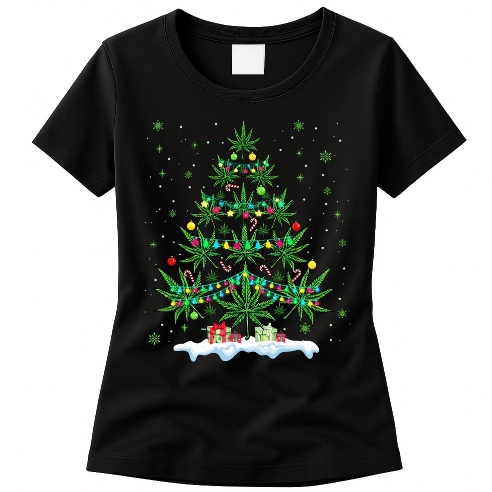 Cannabis Christmas Tree Xmas Funny Smoking Weed Marijuana Womens T-Shirt