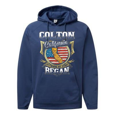 Colton California Usa Flag 4th Of July Performance Fleece Hoodie