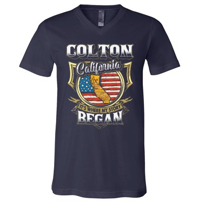 Colton California Usa Flag 4th Of July V-Neck T-Shirt