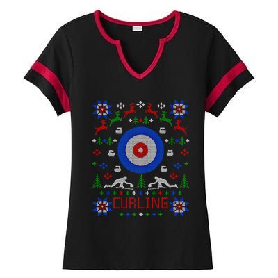 Curling Christmas Ugly Christmas Sweater Party Gift Ladies Halftime Notch Neck Tee