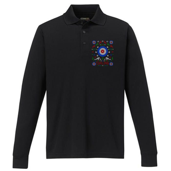 Curling Christmas Ugly Christmas Sweater Party Gift Performance Long Sleeve Polo