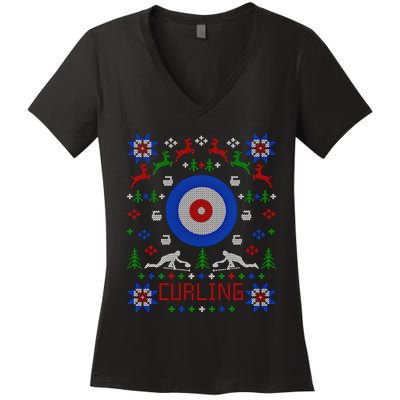 Curling Christmas Ugly Christmas Sweater Party Gift Women's V-Neck T-Shirt